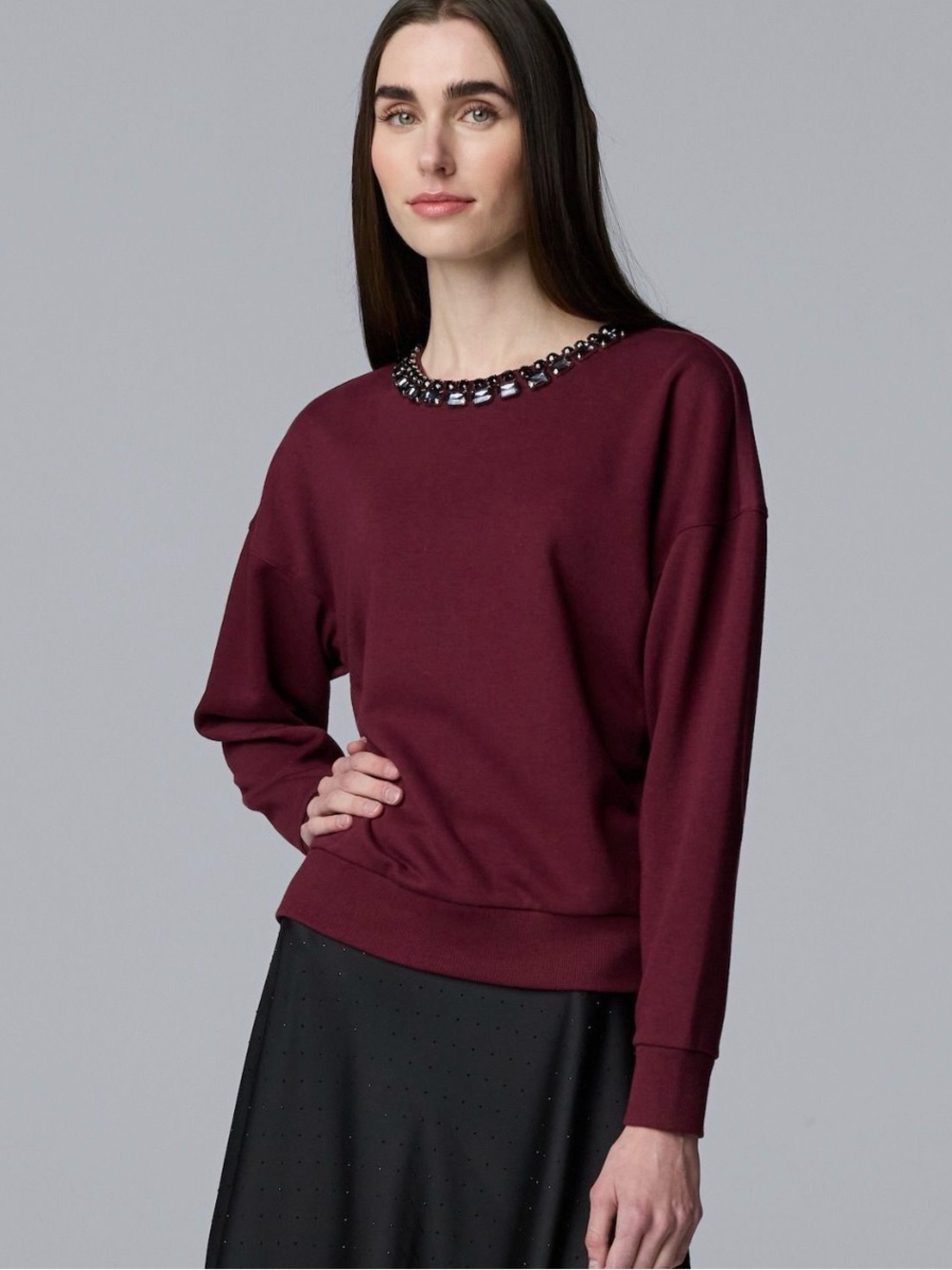 NWT Simply Vera Wang Burgundy Jeweled Neck Sweatshirt XL